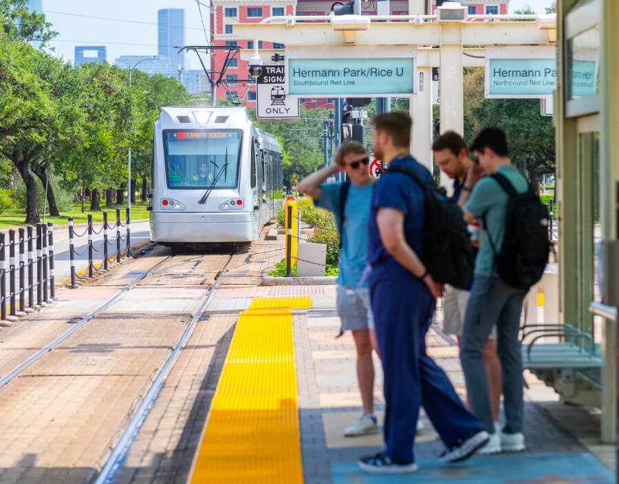 METRORail Red Line at the Hermann Park / Rice U station platform.